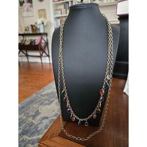Multi Crystal  Bezel Set Gemstone Layered Necklace Goldtone Vintage READ